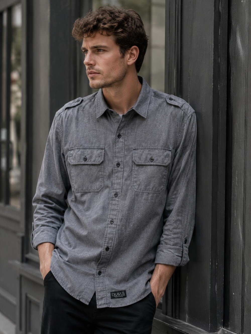 Dravus Heathered Black Long Sleeve Button-front Shirt Military Casual Men's XL
